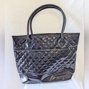 Nordstrom Quilted Black Patent Leather Tote with Animal Print Lining